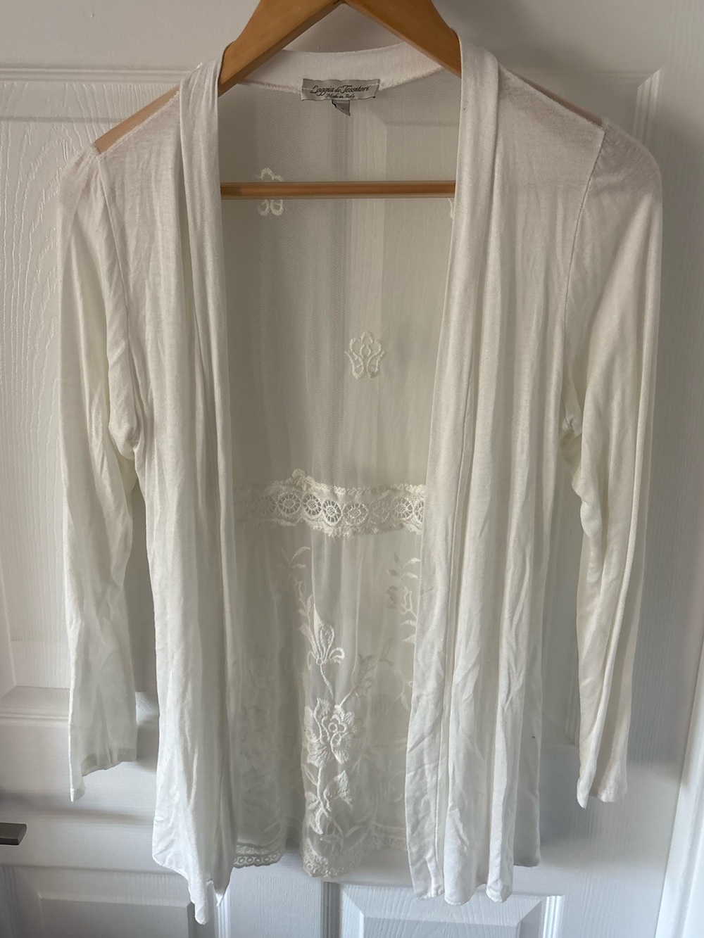 Loggia de Tessitori White Open Front Lace Cardigan Sweater Size S Made in Italy